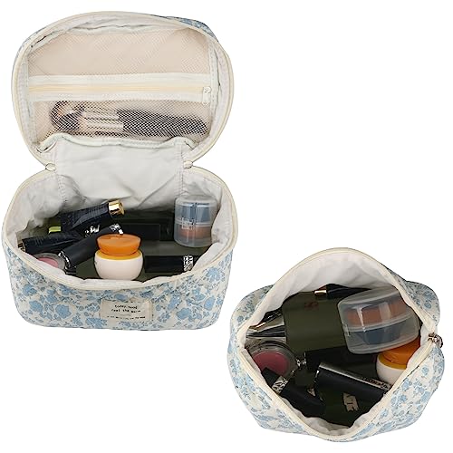 NATINSA Cute Makeup Bag for Women(2 Pcs), Travel Cosmetic Bags, Quilted Coquette Aesthetic Floral Toiletry Organizer Bag (NavyBlue Flower) - color: NavyBlue Flower