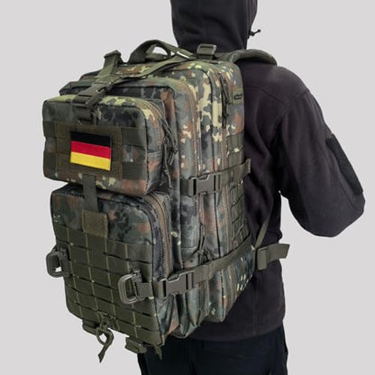 Hannibal Tactical MOLLE Assault Backpack, Tactical Backpack Military Army Camping Rucksack, 3-Day Pack Trip w/USA Flag Patch, D-Rings, Flecktarn - color: Flecktarn