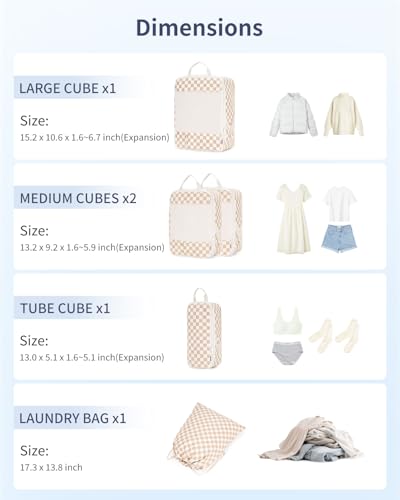Narwey 6 Set Compression Packing Cubes for Travel Women Men, Travel Cubes for Carry On Suitcase, Durable Compression Luggage Organizer Bags - color: ZZ-Light Checkerboard