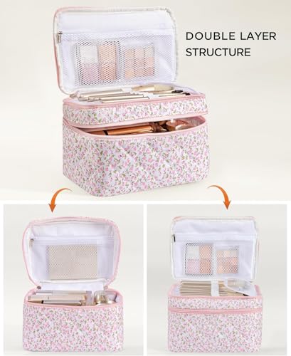 HBselect 2Pcs Travel Makeup Bag, Large Cotton Quilted Makeup Bag Cosmetic Bag Cute Make up Bag Toiletry Bags for Women Girls - color: 2PCS-FLOWER2