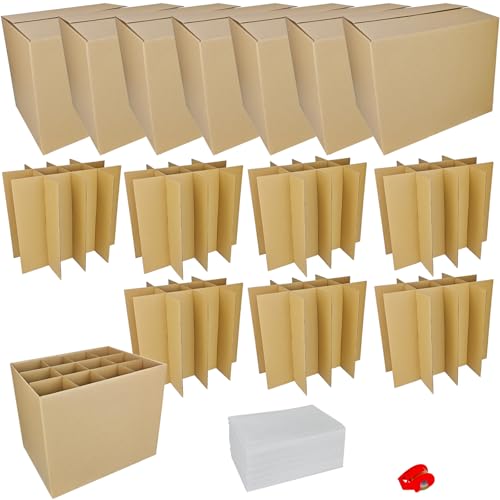 7 Sets Moving Boxes with Divider Kits,16 x 12 x 13 Inch Glassware Dish Packing Box Kitchen Moving Box Corrugate Dividers with 84 Pcs Foam Pouches,2 Pcs tape rolls with dispenser - style: 7 Sets-one layer-16x12x13in