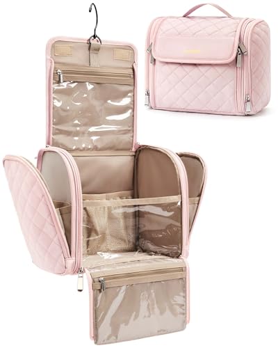 BAGSMART Makeup Bag for Women with Hanging Hook, Large Portable Capacity Water-resistant Organizer Travel Case for Toiletries and Cosmetics, Pink - color: Pink, size: Large