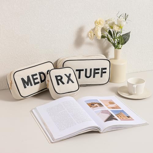 RSRSLEII 3Pcs Canvas Rx MEDS STUFF Packages, Cute Chenille Letter Patch Drug Makeup Bag with Metal Zipper, Mini Travel First Aid Purse Organizer Machine Washable (3Pcs Bags) - color: 3Pcs Bags