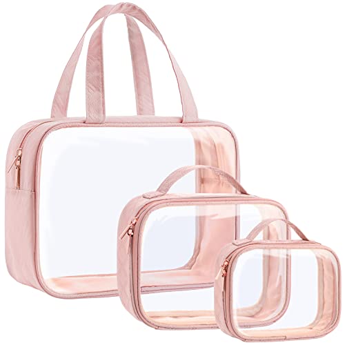 PACKISM Clear Makeup Bag Combo Pack, 1 TSA Approved Medium & Large/XL for Checked Luggage, Clear Toiletry Bag with Handle, Water-resistant Travel Essentials Organizer, Rose Pink - color: 05 Active Rose Pink, size: Full Vacation (Mixed Sizes)