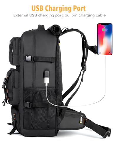 Ponhog Travel Backpack for Men, 50L Carry On Flight Approved Convertible Duffle Bag with Shoe Compartment, 17 inch Laptop Luggage with USB Charging Port for Weekender Hiking, Black - color: Black