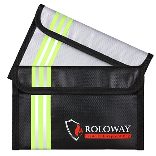 ROLOWAY Small Fireproof Bag (5 x 8 inches) with Reflective Strip, Fireproof Money Bag for Cash, Valuables, Passport, Currency & Keys (2-Pack) - size: 8 x 5 inch, style: Silver & Black With Reflective Strip