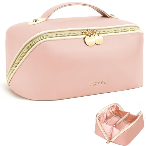 Prite Makeup Bag for Women Travel Waterproof Vegan Leather Cosmetic Bag Open Flat Toiletry Bag With Clear Divider and Handle (Pink, Medium) - color: Pink, size: Medium