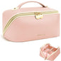 Prite Makeup Bag for Women Travel Waterproof Vegan Leather Cosmetic Bag Open Flat Toiletry Bag With Clear Divider and Handle (Pink, Large) - color: Pink, size: Large