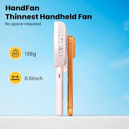 HandFan Ultra-Slim & Lightweight Handheld Fan (0.5in,0.3lb), 5 Speeds Portable Hand Held Fan USB Rechargeable 180° Foldable, Quiet Summer Essentials with Lanyard for Travel/Concerts/Lash (Pink) - color: Pink