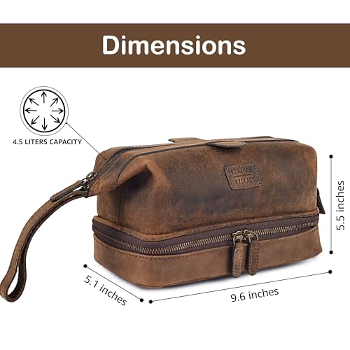 LEATHER VILLAGE Genuine Leather Dopp Kit – Large Travel Toiletry Bag with Waterproof Lining, Dual-Zip Design for Men & Women, Organizer for Shaving, Makeup & Essentials - Rustic Brown - color: Rustic Brown