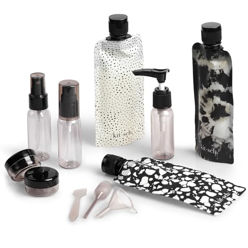Kitsch 11 PCS Travel Containers for Toiletries – Travel Essentials Kit for Shampoo, & More - TSA Approved Bottles for Travel Size Toiletries, Leak-Proof Refillable Travel Containers - Black & Ivory