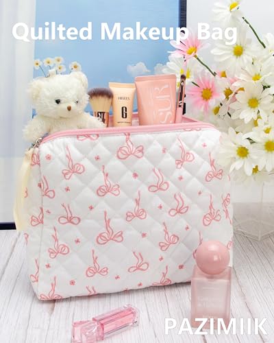 Quilted Makeup Bag Large Travel Zipper Soft Cosmetic Pouch for Women Girls Make Up,Bow Pink - color: Bow Pink, size: 1 PCS Pouch