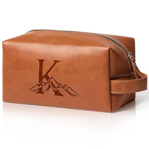 Personalized Gifts Travel Toiletry Bag for Men Engraved Initial PU Leather Waterproof Shaving Bag for Toiletries Accessories Fathers Day Birthday Gift for Men Dad Husband Son, Light Brown K - color: Light Brown, style: K