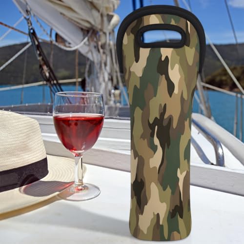 Camo Wine Tote Insulated Bag for Travel Single Bottle Wine Cooler Bags Neoprene Wine Bottle Holder Covers with Secure Handle Wine Carrier
