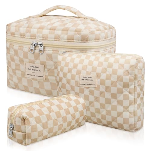 Gosect 3pc Makeup Bag Set, Quilted Makeup Bag Set, Large Floral Cosmetic Bag for Women, Cute Cotton Makeup Bags, Flower Travel Toiletry Organizer Bag (Checkered) - color: Checkered