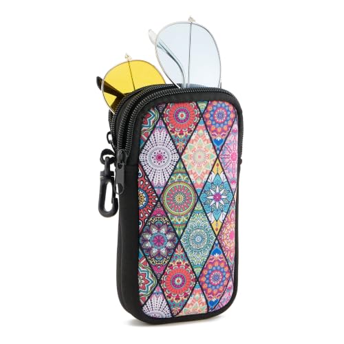 WOZEAH Double Eyeglass Case with 2 Compartments, Travel Eyewear Organizer for Two Pairs of Glasses - color: Rhombic Mandala