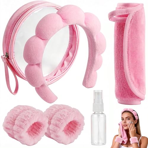 Real Perfection Spa Headband for Washing Face, Skincare Headband Wristband Set for Facial Mask Skin Care, Makeup Remover Towel Cloth Small Spray Bottle with Travel Makeup Bag Gifts for Women - Pink - color: Pink
