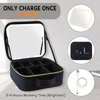 Makeup Bag with LED Mirror, Three-level Adjustable Brightness, Travel Makeup Case with Removable Lighted Mirror, Adjustable Dividers and Brush Storage Board