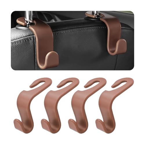 4PCS Car Back Seat Headrest Hooks, Rear Car Seat Storage Headrest Hanger Holder Hooks Organizer, Universal Auto Interior Accessories for Bag Purse Handbag Cloth Coats Grocery (Brown) - color: Brown