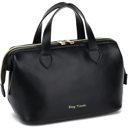Fammart Travel Makeup Bag, Large Wide-open Cosmetic Bag Make Up Organizer Case for Women, Waterproof PU Leather Toiletry Bag Skincare Pouch for Toiletries Accessories Brushes - color: PU, Wide Open - Black