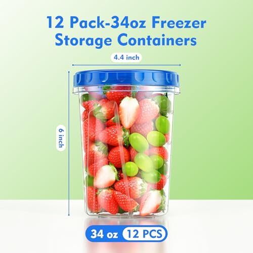 BiuLeon 12 Pack-34oz Freezer Storage Containers, Plastic Food Storage Containers with Twist Top Lids, BPA Free and Reusable Soup Containers with Lids, Leakproof/Microwave/Dishwasher Safe - color: 12Pack-34oz