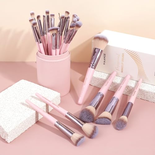 MAANGE 30 Pcs Professional Makeup Brush Set with Travel Case – Kabuki, Foundation, Powder, Blush,Blending& Eyeshadow Brushes, Labeled for Gift-Ready Box,Pink - color: Pink