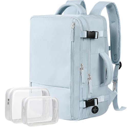Hanples Large Travel Backpack for Women, 35L Carry on Luggage Backpack,17 Inch Laptop Backpack with USB Charging Port, Waterproof Casual Bag Gift for Men with 2 Toiletry Bags (Light Blue) - color: Light Blue, size: Large