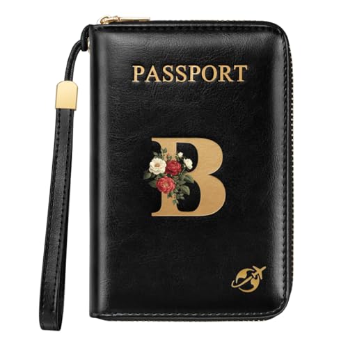 Passport Holder Cover Wallet with Zipper Personalized Initial Letter B Rose Flower RFID Blocking Travel Wallets Credit Cards Holder for Women, Gift for Wife and Girlfriend,B - color: Black, size: B