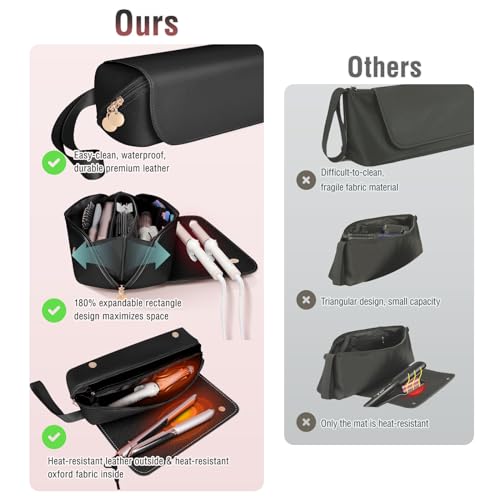 SS Hair Tools Travel Bag and Heat Resistant Mat for Hot Tools, Leather Curling Iron Case, Portable Essentials for Women, Black - color: Black