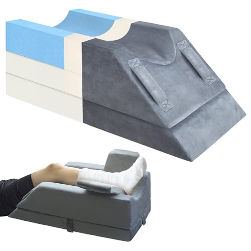 KingPavonini 4-Height Adjustable Leg Elevation Pillows for After Surgery, Injuries, or Rest, Memory Foam Leg Pillows for Sleeping with 3 Handles and Insert Pad, Washable Velvet Cover - color: Grey, size: Single Leg (Standard)