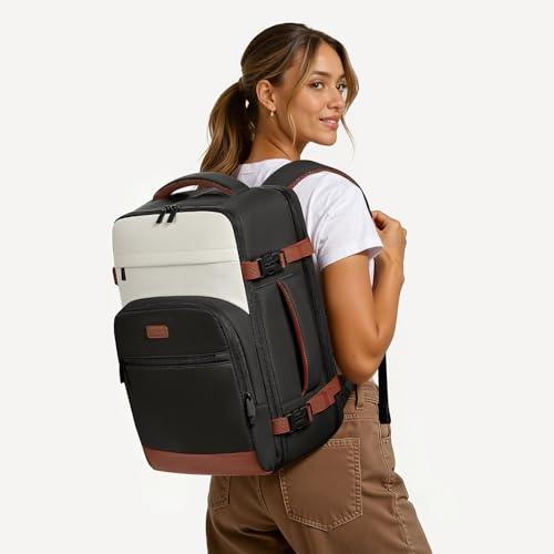mibasies 40L Travel Backpack for Women & Men: Flight Approved Carry On Backpack, TSA Personal Item Bag with Water Bottle Pocket, Weekender Essentials Backpacks fits 17" Laptop - Black White Brown - color: Black White Brown, size: X-Large