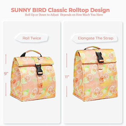 SUNNY BIRD Insulated Lunch Bag Rolltop Lunch Box Tote Bag for Women, Men, Adults and Teens (Grapefruit Pink) - color: Grapefruit Pink