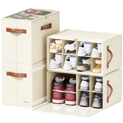 4 Pack Shoe Organizer for Closet, Space Saving, Beige | Fits 16-32 Pairs, Adjustable Dividers, Clear Cover, Reinforced Handles, Stackable & Foldable Shoe Storage Box - color: Beige-4 Pack, size: 17"L x 8.7"W x 12 ½"H