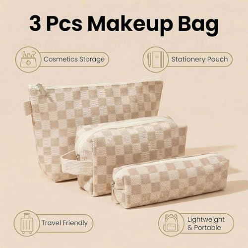 3 Pcs Canvas Makeup Bag Set Checkered Cosmetic Pouch for Women Travel Toiletry Bag Cute Makeup Organizer Purse Pouch Preppy Pencil Case with Zipper (Checkered Khaki) - color: Checkered Khaki