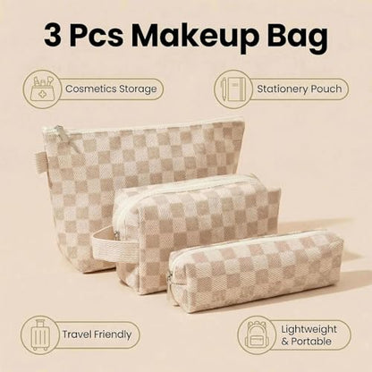 3 Pcs Canvas Makeup Bag Set Checkered Cosmetic Pouch for Women Travel Toiletry Bag Cute Makeup Organizer Purse Pouch Preppy Pencil Case with Zipper (Checkered Khaki) - color: Checkered Khaki