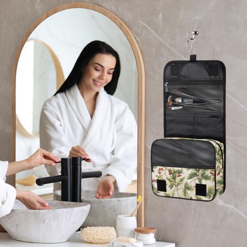 Hanging Travel Toiletry Bag for Women, Holly Berries Print Water Resistant Polyester Organizer with Hook & Handle, Large Capacity Cosmetic Bag for Travel, Gym, Camping - color: Holly Berries Print