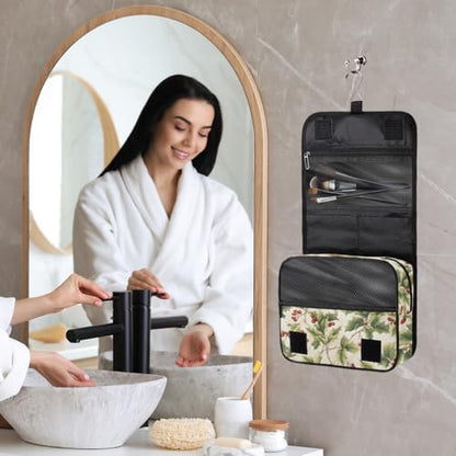 Hanging Travel Toiletry Bag for Women, Holly Berries Print Water Resistant Polyester Organizer with Hook & Handle, Large Capacity Cosmetic Bag for Travel, Gym, Camping - color: Holly Berries Print