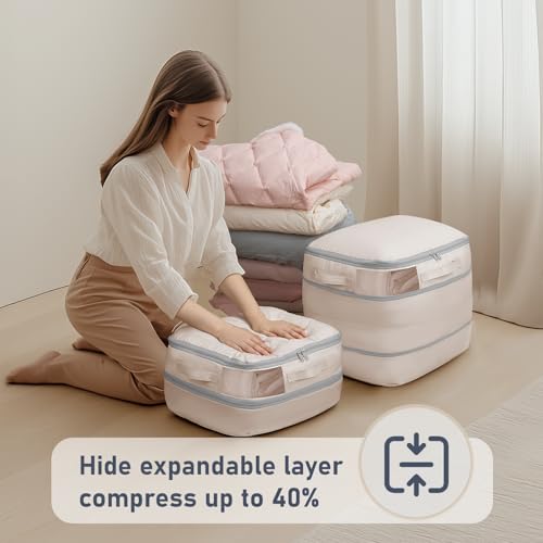 DIMJ Compression Storage Bags 8 Pack - Blanket Storage Bags with Window Zipper, Ultra Space Saving Self Compression Organizer for Puffer Jacket, Bedding, Lightweight Comforter Duvet, Sweater, Sheet - color: Beige, size: 39L x 8 Pack