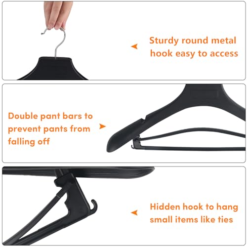 DEDU Suit Hangers for Men 40 Pack, Black Coat Hangers Extra Wide Non Slip Width 17.7", Thick Plastic with Pants Bar & Metal Hook - color: Black, size: 40 Pack
