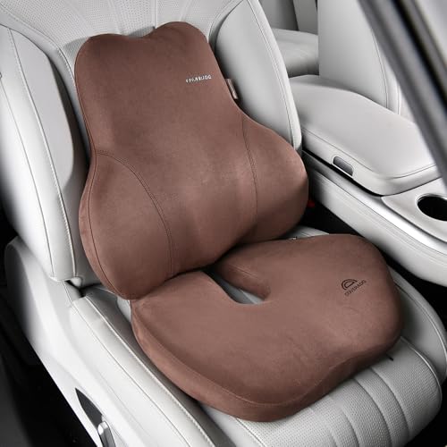 Coverado Memory Foam Car Seat Cushion and Lumbar Support Pillow for Car, Ergonomic Office Chair Cushion for Lower Back Pain Relief, Breathable & Non-Slip for Car, Home, and Office Use, Coffee - color: Coffee, size: 2 Pieces