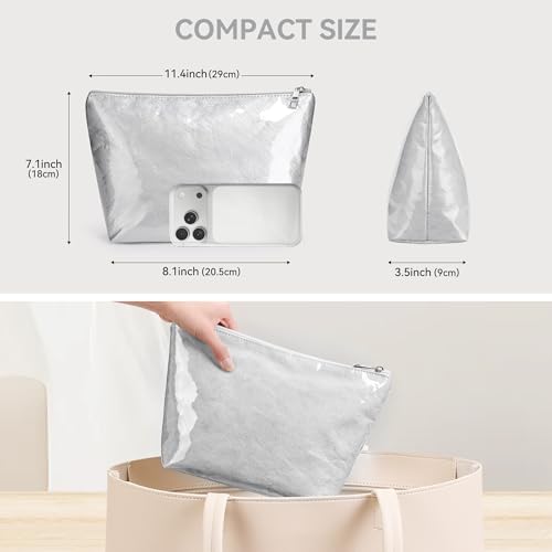 WLLWOO PVC Waterproof Makeup Bag Kraft Paper Cosmetic Bag Travel Toiletry Zipper Pouch Organizer for Women Purse - color: PVC-Silver