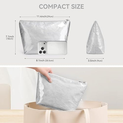 WLLWOO PVC Waterproof Makeup Bag Kraft Paper Cosmetic Bag Travel Toiletry Zipper Pouch Organizer for Women Purse - color: PVC-Silver