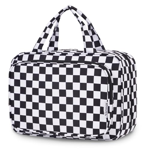 Narwey Travel Toiletry Bag for Women Large Hanging Makeup Bag Organizer Toiletries Bag for Full Size Essentials Accessories Cosmetics (Black Checkerboard (Large)) - color: B-Black Checkerboard, style: Large
