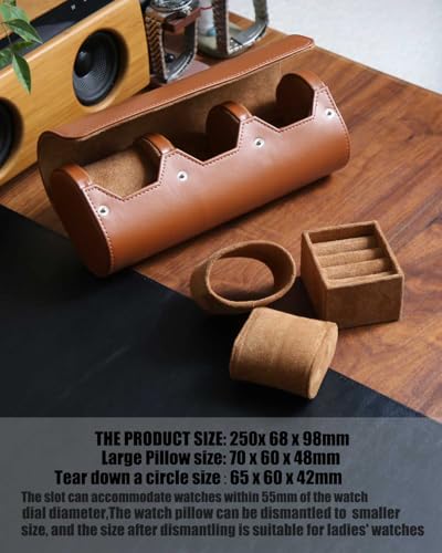 Watch and Cufflink Box Organizer Case for Men, Cufflink Watch Case Travel Roll, Portable 2 Slot Watch and Cufflink Display Storage with Velvet to Holder Large Watch, Cufflink Ring Travel Case - color: Light Brown 2 Slot Watch and 1 Slot Cufflink box