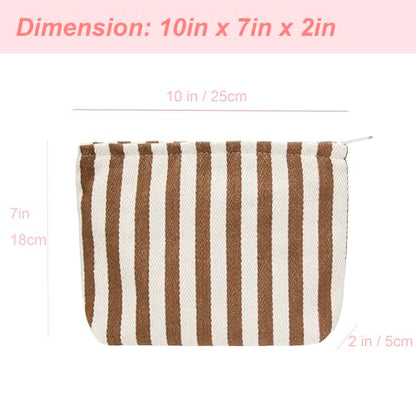 PAZIMIIK Makeup Bag Large Cotton Zipper Pouch for Purse Travel Canvas Make Up Organizer for Women Cosmetic,Stripe Coffee - color: Stripe Coffee