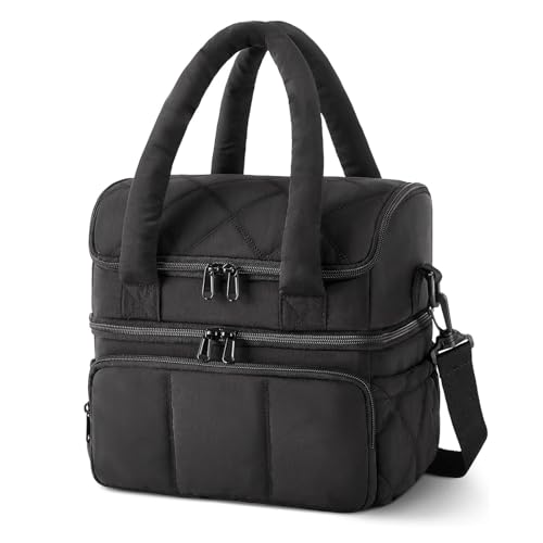 Nanxson Women Lunch Bag Double Deck Insulated Lunch Tote Bag Leakproof Quilted Puffer Lunch Box Reusable Lunch Cooler with Adjustable Strap For Work Picnic Travel Outdoor (10.9L, Black) - color: B-Black, size: 10.9L