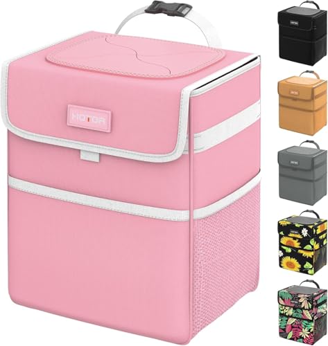 HOTOR Pink Trash Bag Hanging with Storage Pockets, 100% Leak-Proof Garbage Can with Adjustable Straps, Magnetic Snaps, Waterproof Garbage Bin with Lid for Interior Car,Pink - color: Pink, size: 2 Gallons