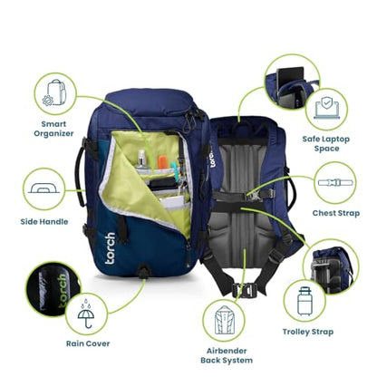 torch Travel Backpack 40L – TSA Friendly Flight Approved, Carry-On Waterproof Hiking Daypack with Rain Cover – Lightweight Rucksack for Camping, Trekking, Outdoor Adventures – Takahagi(Blue)