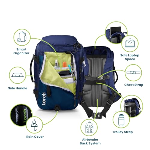 torch Travel Backpack 40L – TSA Friendly Flight Approved, Carry-On Waterproof Hiking Daypack with Rain Cover – Lightweight Rucksack for Camping, Trekking, Outdoor Adventures – Takahagi(Blue)