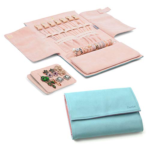 Becko US Jewelry Organizer Roll Travel Jewel Bag case for Multiple Necklaces, Rings, Bracelets, Supple Leather & Suede, Large Capacity Without Crease, Lightweight, Portable & Practical (Blue) - color: Blue